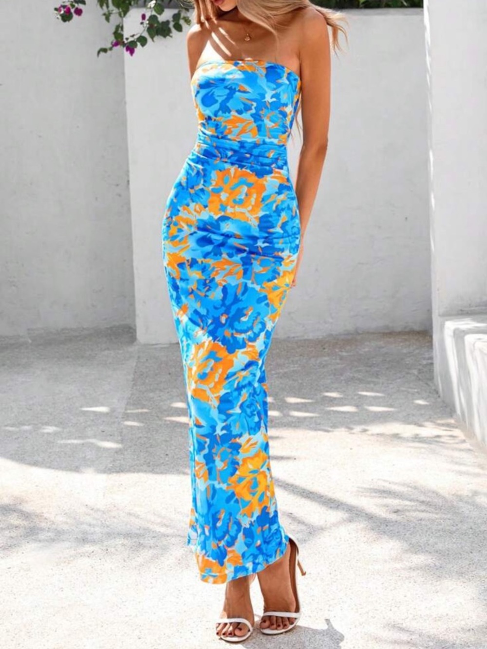 Blue  and Yellow Leaves Strapless Maxi